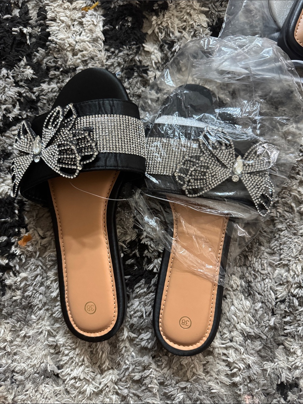 Women's Black Jeweled Bow Slide Sandals